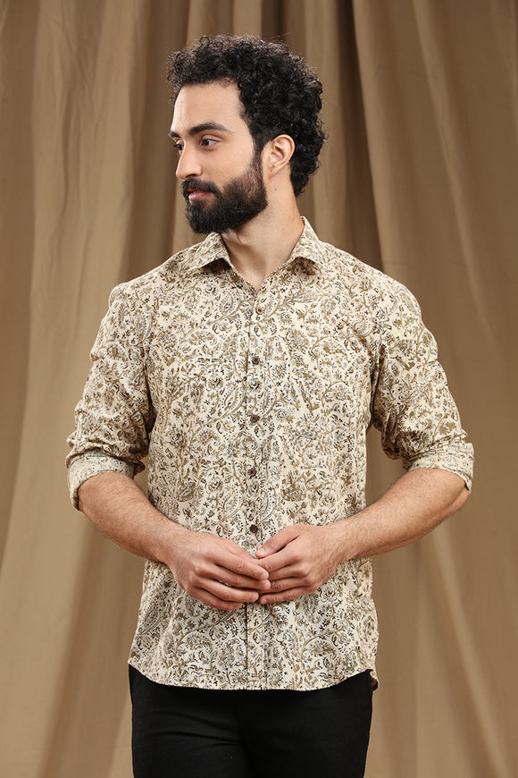 Exquisite Hand Block Print Kalamkari Cotton Shirt with Full Sleeves - Traditional Art Meets Modern Style