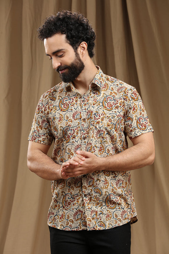 Exquisite Hand Block Print Kalamkari Cotton Shirt with half Sleeves - Traditional Art Meets Modern Style