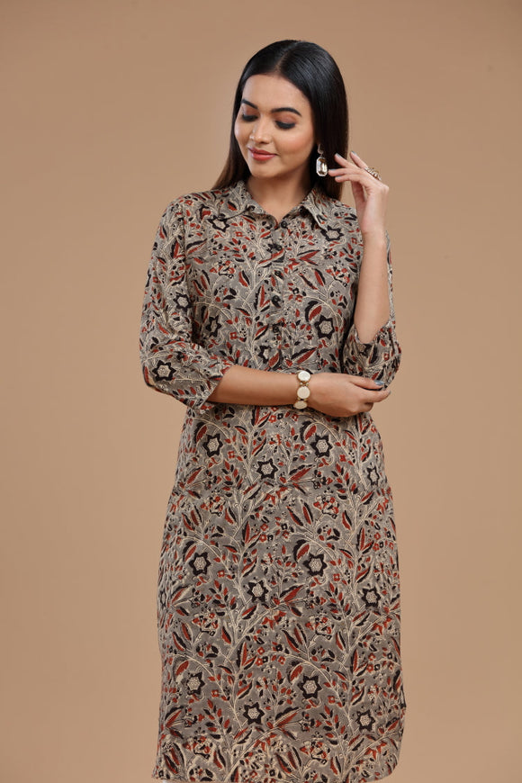 Kalamkari Cotton Kurti for Women - Apple Cut, Roll-Up Sleeves and Coconut Buttons