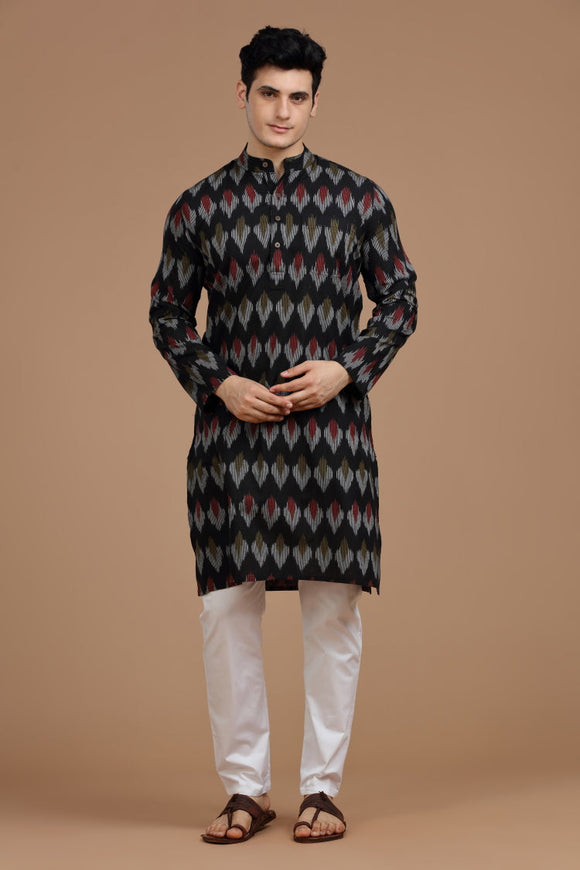 Ikat cotton long kurta for men, traditional wear, breathable fabric