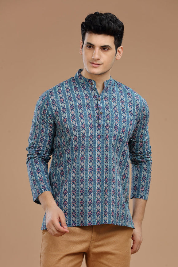 Men's cotton short kurta with full sleeves, casual wear, Indian fashion