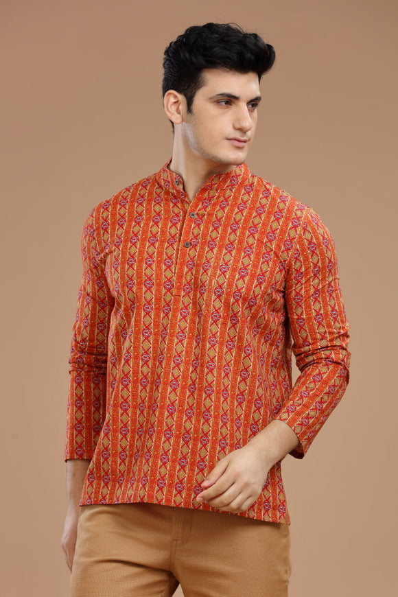 Men's cotton short kurta with full sleeves, casual wear, Indian fashion