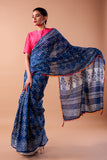 HAND BLOCK INDIGO SAREE WITH RUNNING BLOUSE ( Image Blouse not included)