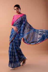 Image of a indigo hand block print pure cotton saree showcasing intricate traditional designs in vibrant colors