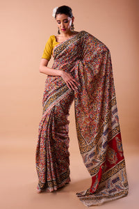 Image of a Kalamkari hand block print chanderi saree showcasing intricate traditional designs in vibrant colors